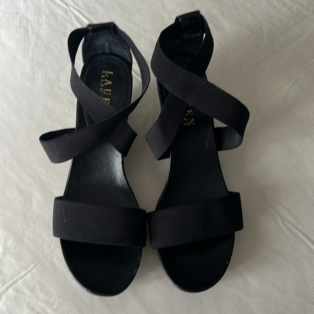 LAUREN Ralph Lauren Black Elastic Stretch Strap Slip On Wedge Sandal Heel Size 7 - Picture 2 of 9